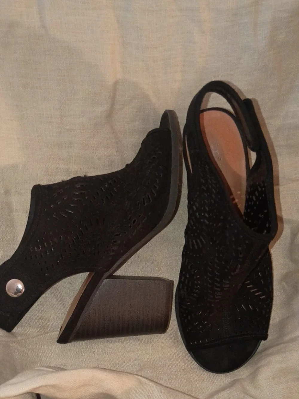 Women’s Black Laser-Cut Slingback Block Heel Sandals